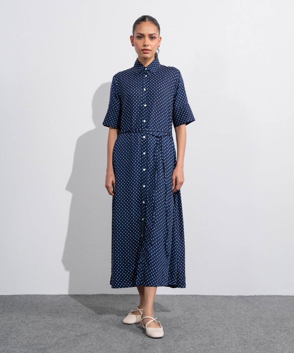 Women's Western Blue And  White Polka Dots Flowy Dress