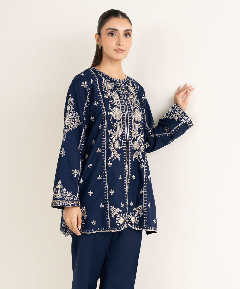 Women's RTW Khaddar Embroidered Blue Straight Shirt