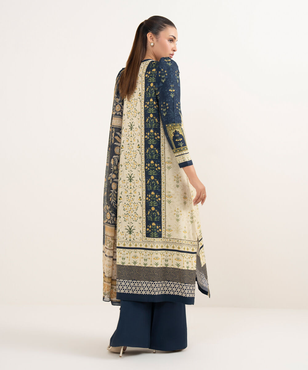 Women's Unstitched Arabic Lawn Printed Blue 3 Piece Suit