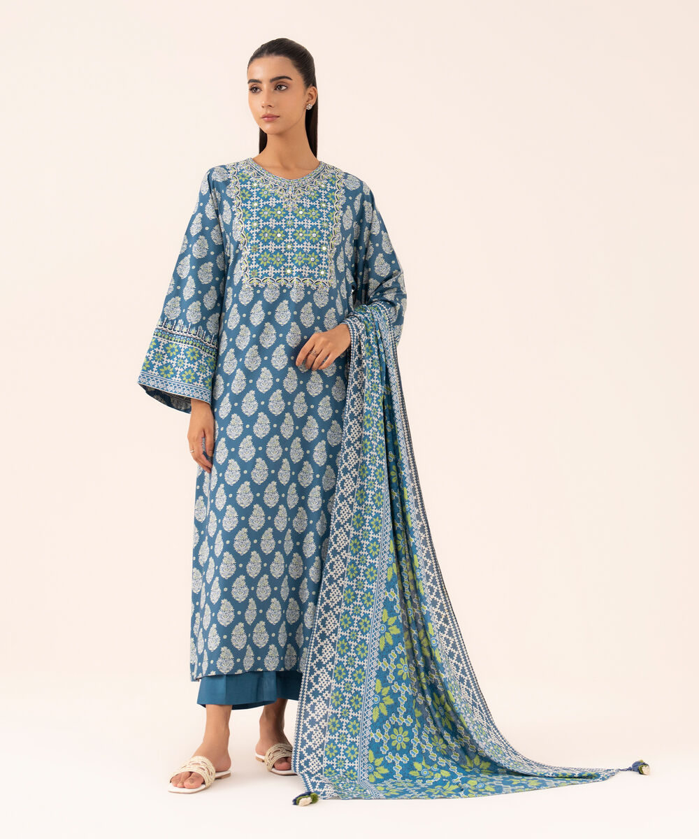 Women's Unstitched Linen Embroidered Blue 3 Piece Suit