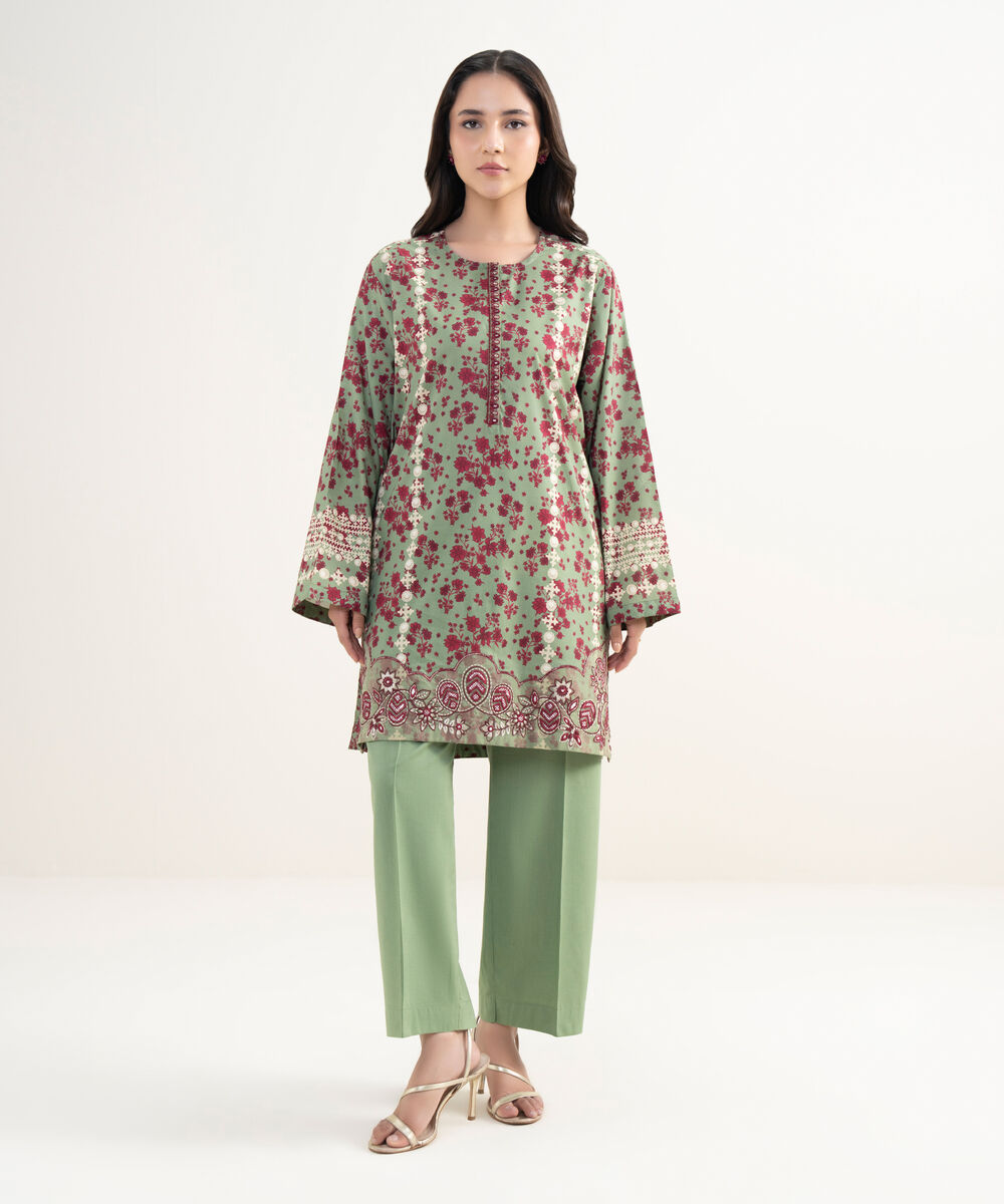 Women's RTW Cotton Viscose Embroidered Green Straight Shirt