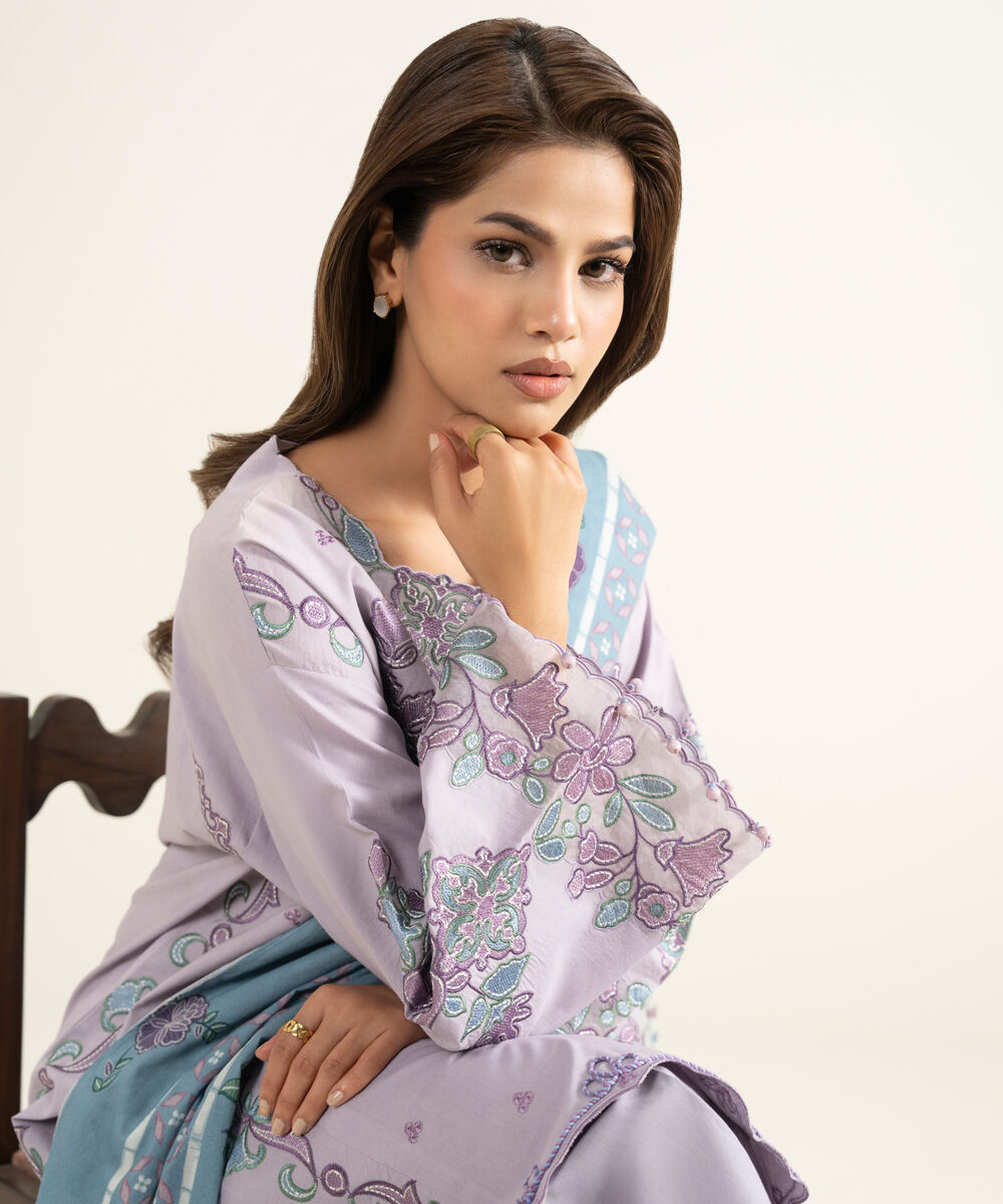 Women's Unstitched Textured Lawn Embroidered Purple 3 Piece Suit