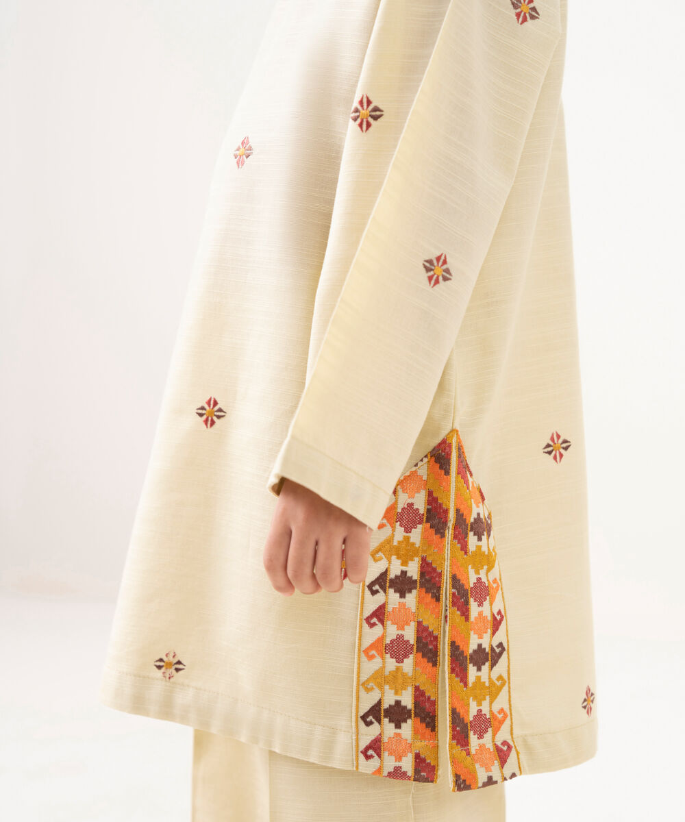 Girl's Light Khaddar Embroidered Beige 2 Piece Suit