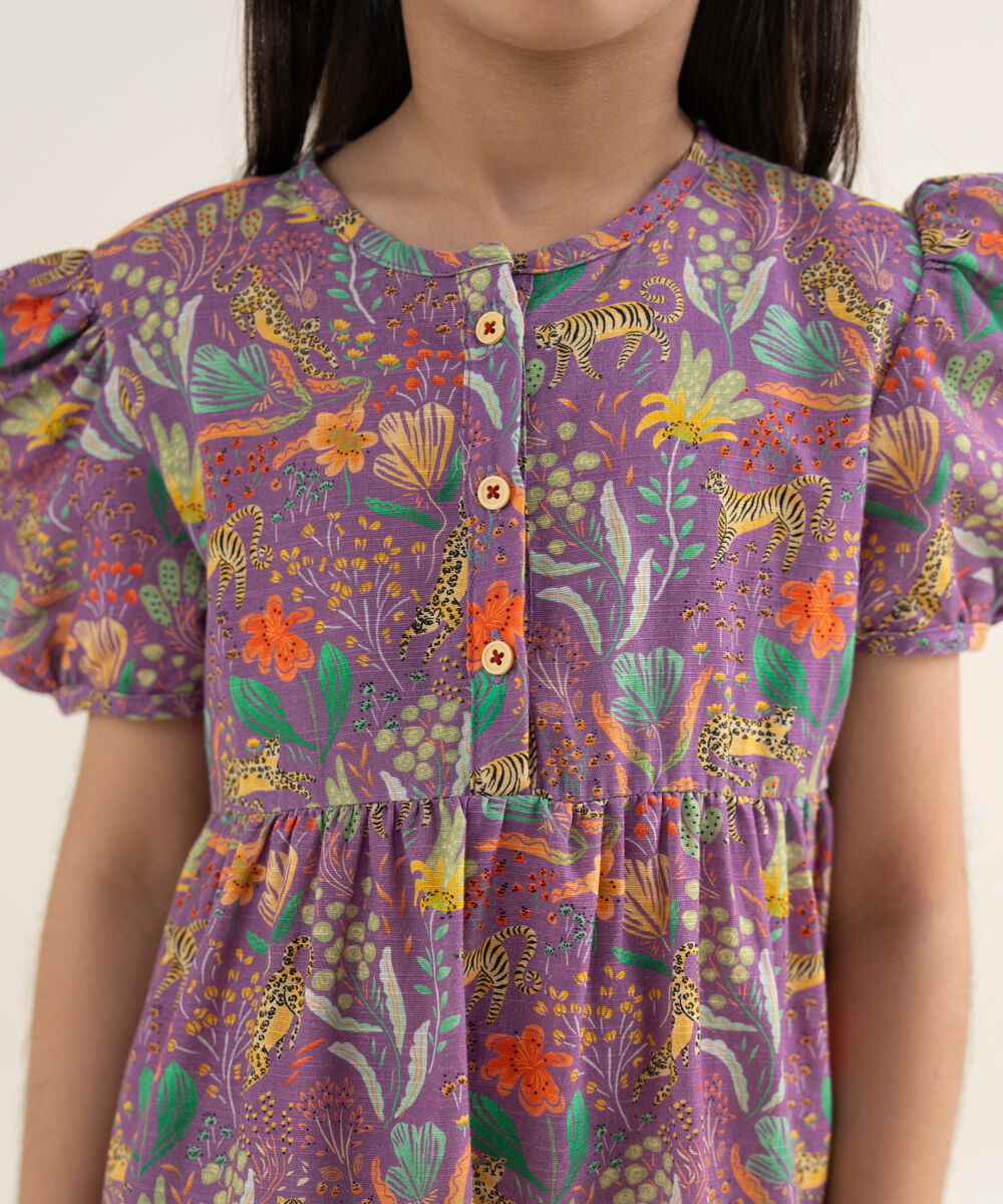 Girl's Khaddar Printed Purple Tier Dress