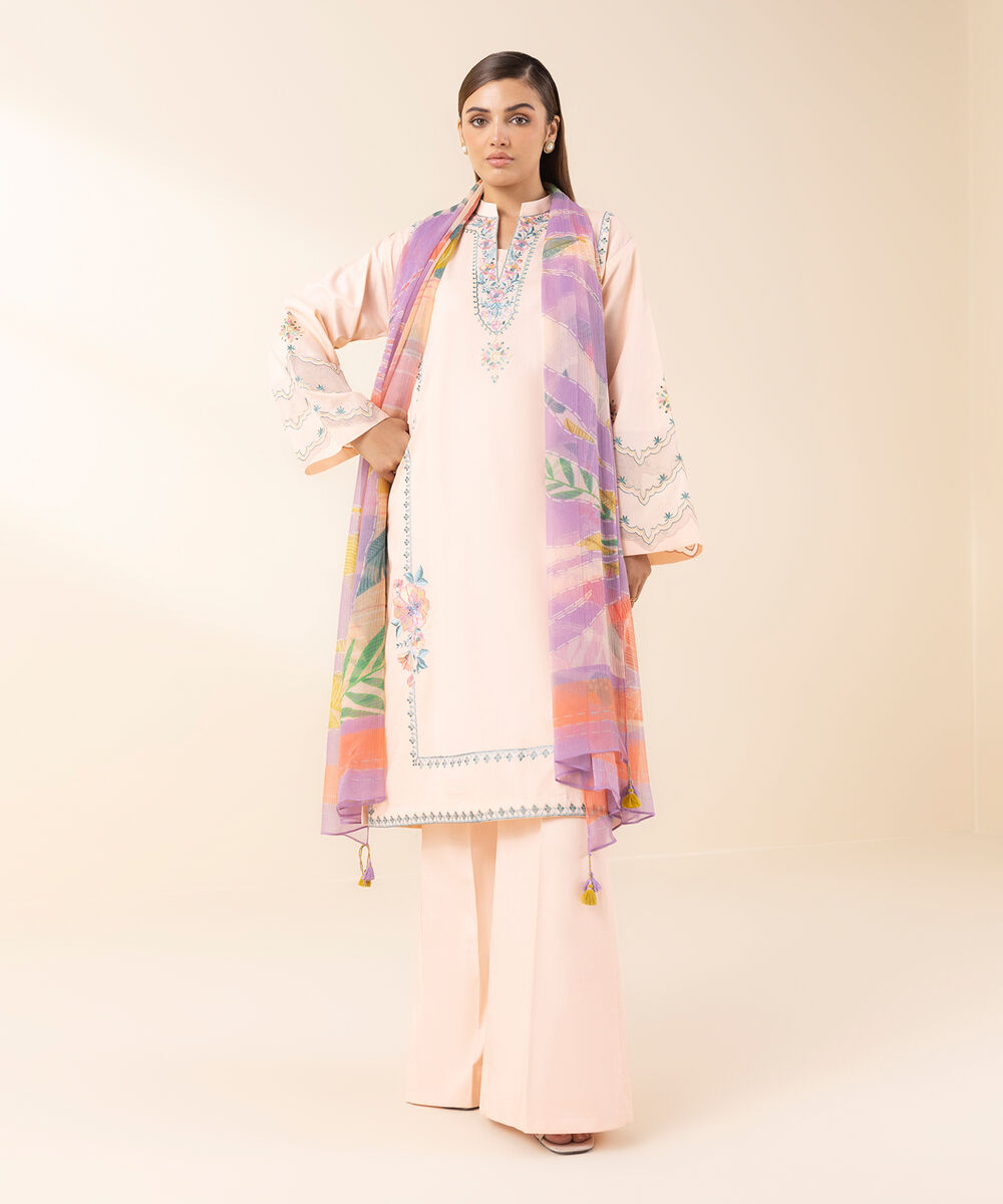 Women's Unstitched Lawn Embroidered Pink 3 Piece Suit