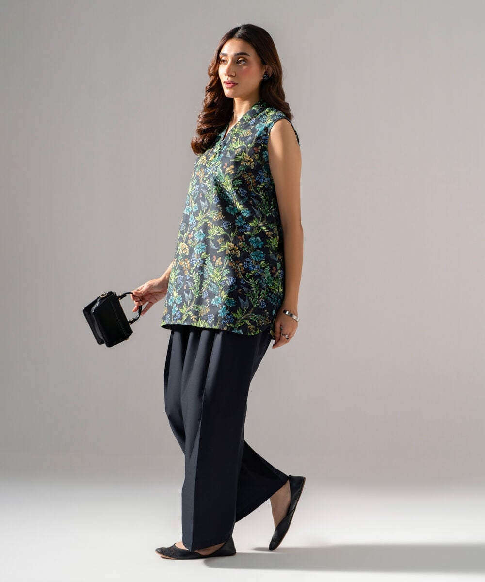 Women's RTW Cambric Printed Black Straight Shirt