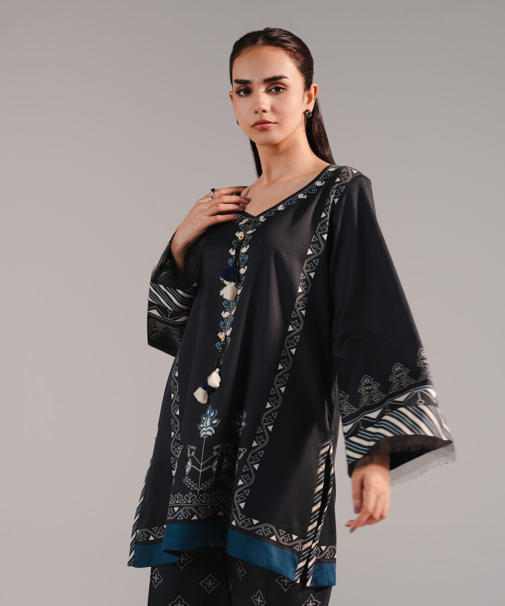 Women's RTW Cotton Satin Printed Black Straight Shirt
