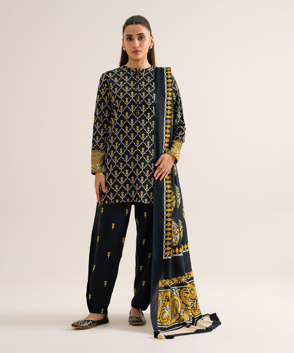 Women's Unstitched Viscose Linen Printed Black 3 Piece Suit