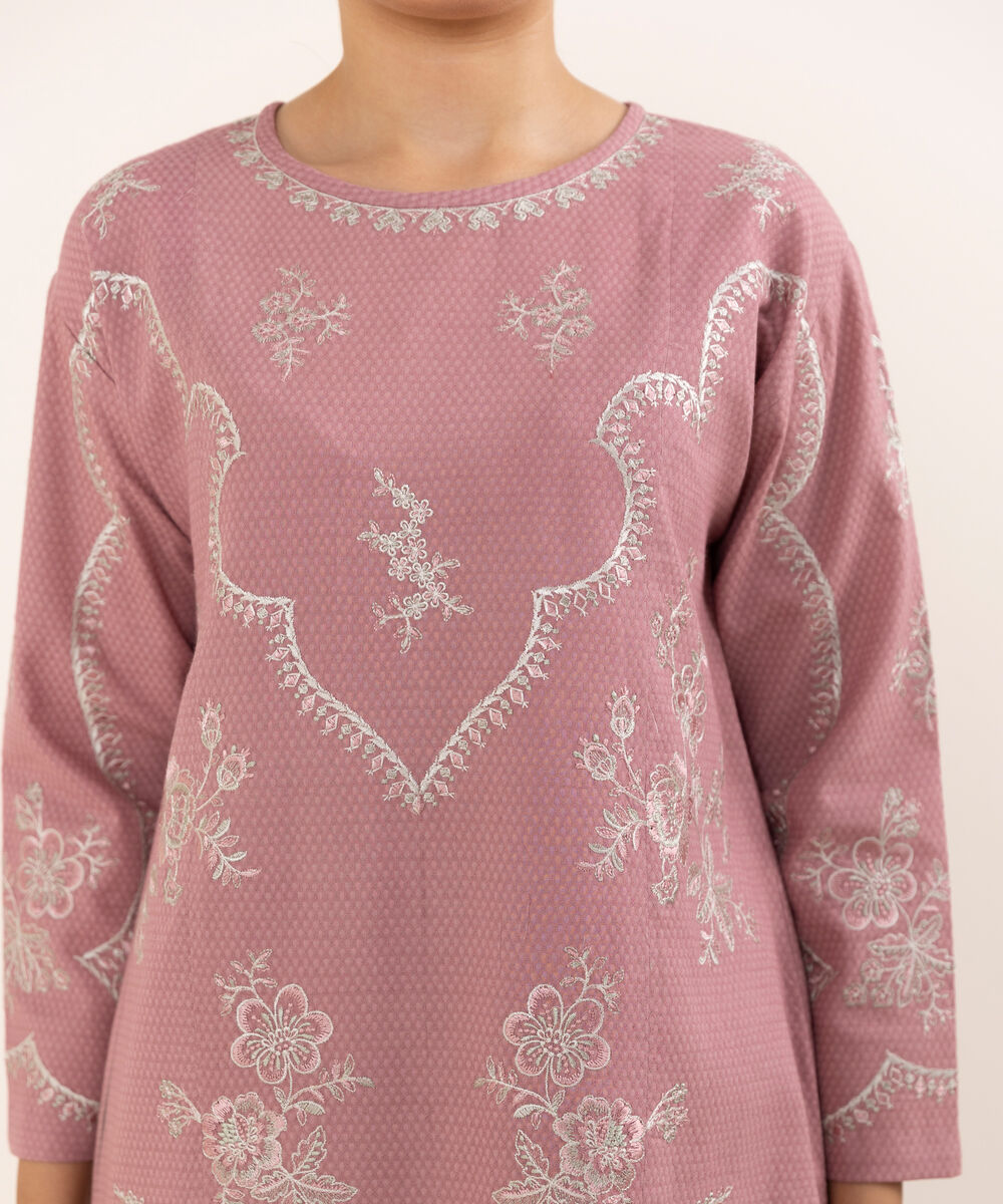 Women's Unstitched Dobby Embroidered Pink Three Piece Suit