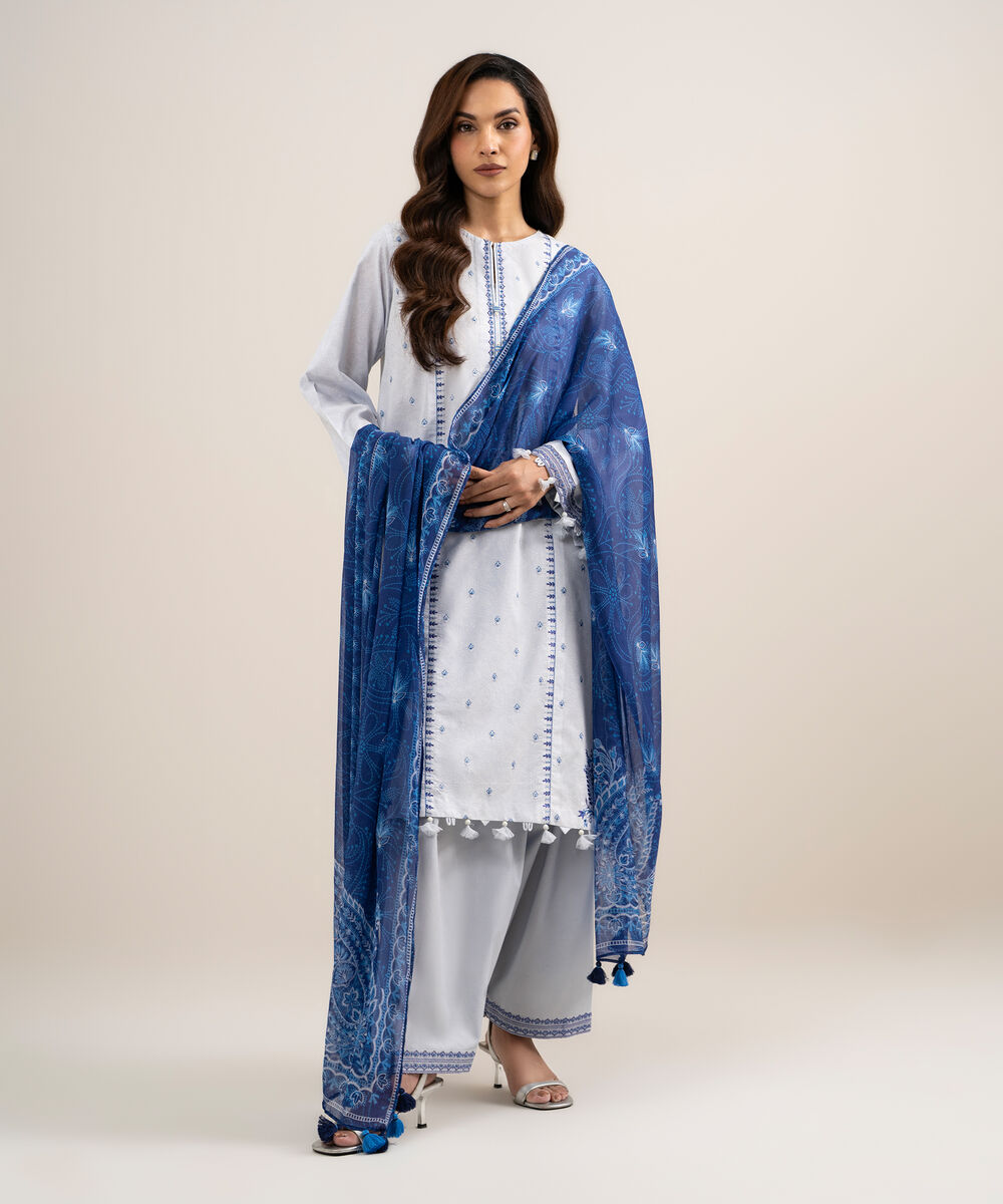 Women's Unstitched Lawn Embroidered Grey