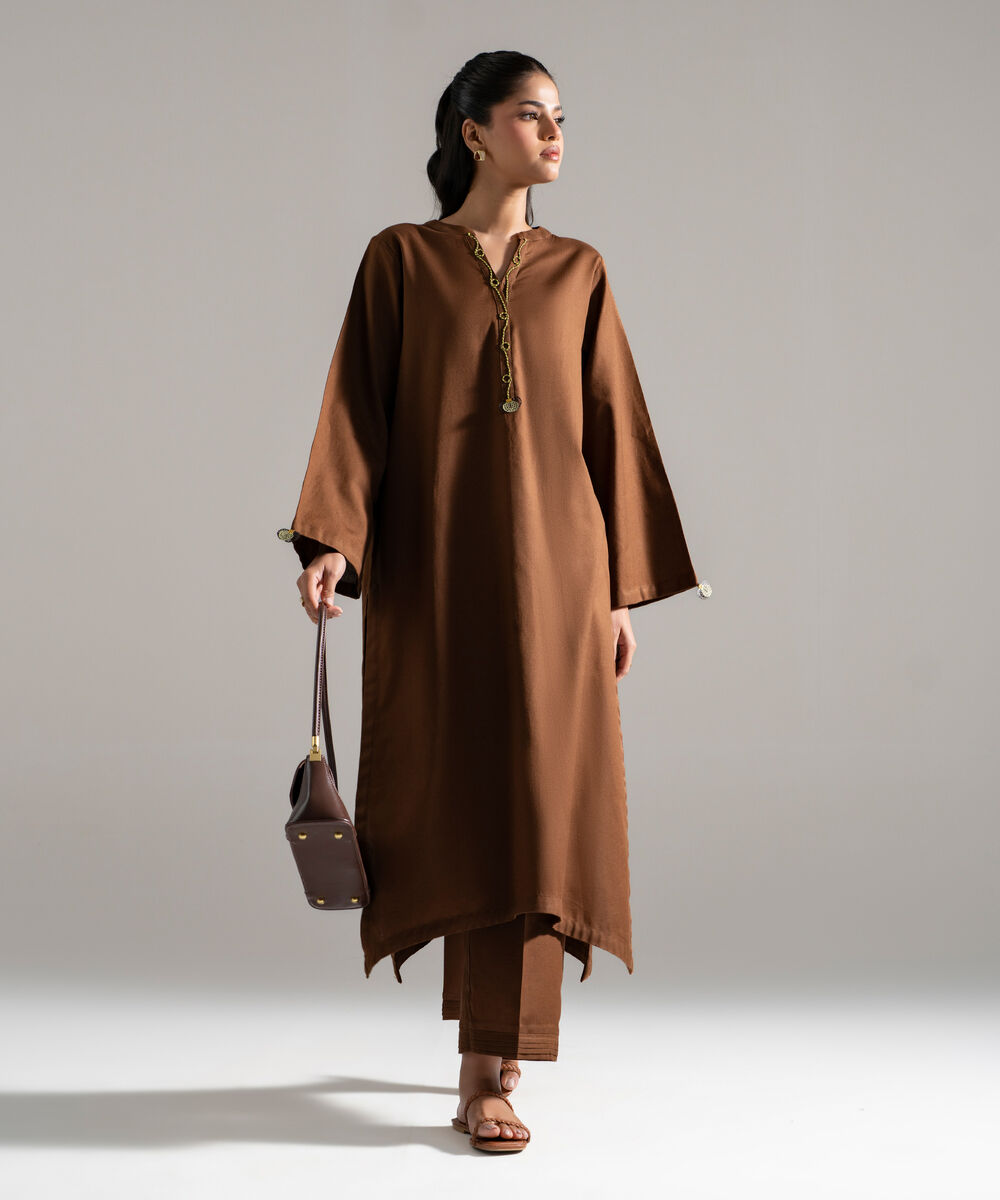 Women's RTW Cotton Linen Solid Brown 2 Piece Suit