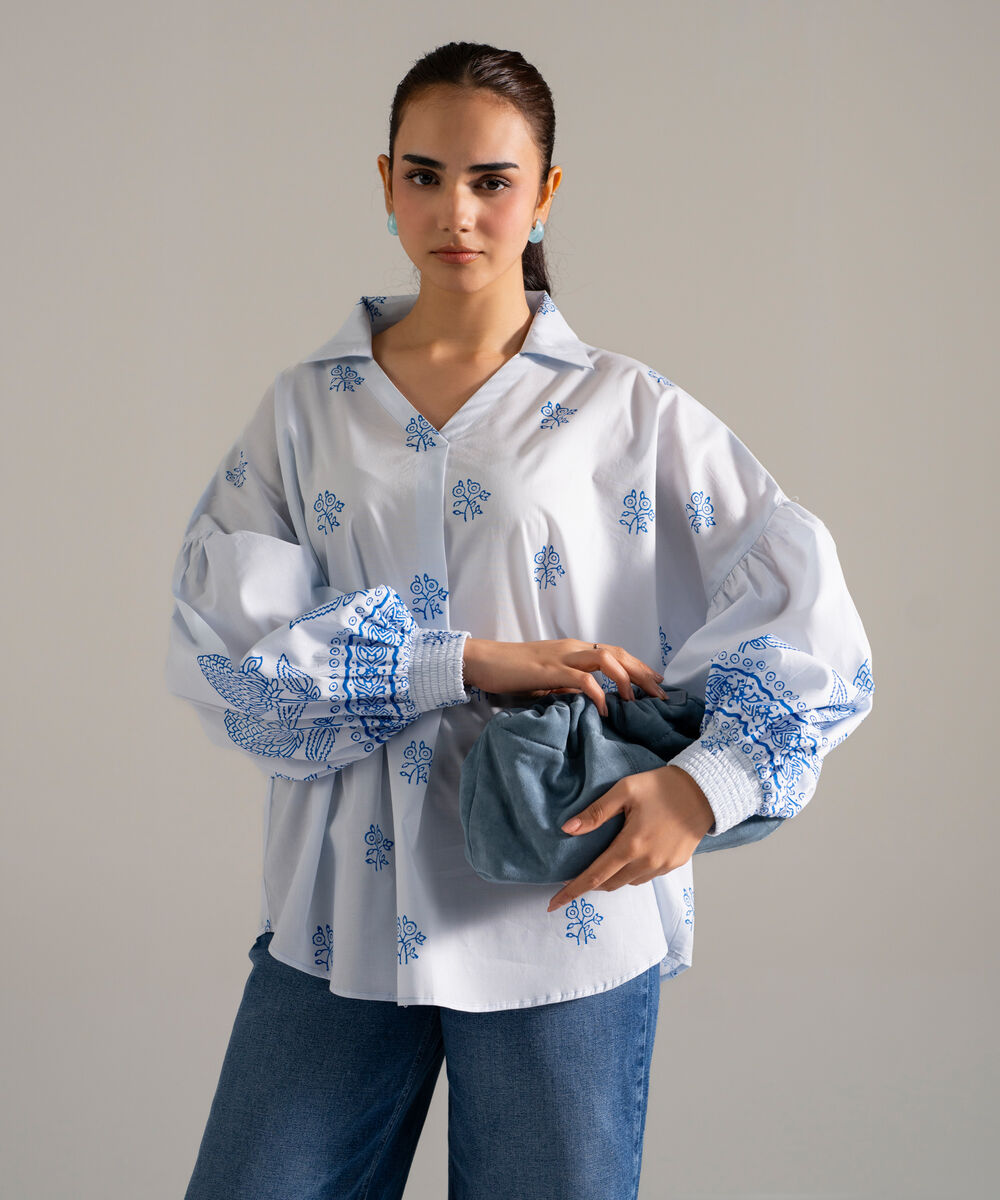 Women's RTW Lawn Printed Blue Drop Shoulder Shirt