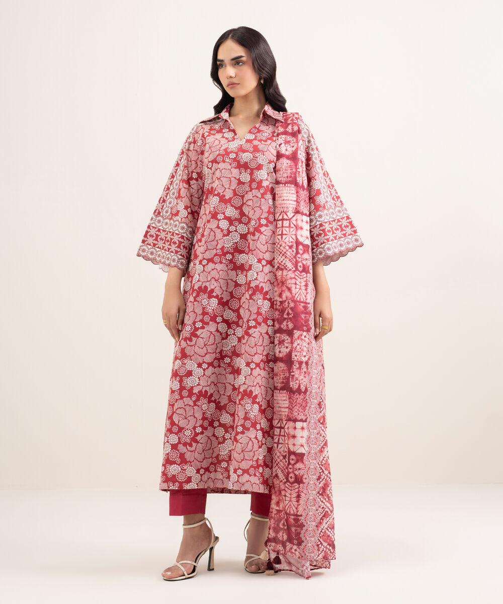 Women's Unstitched Lawn Printed Red 3 Piece Suit