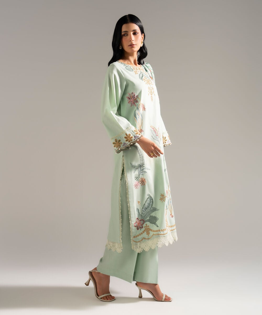 Women's RTW Dobby Crepe Embroidered Green 3 Piece Suit