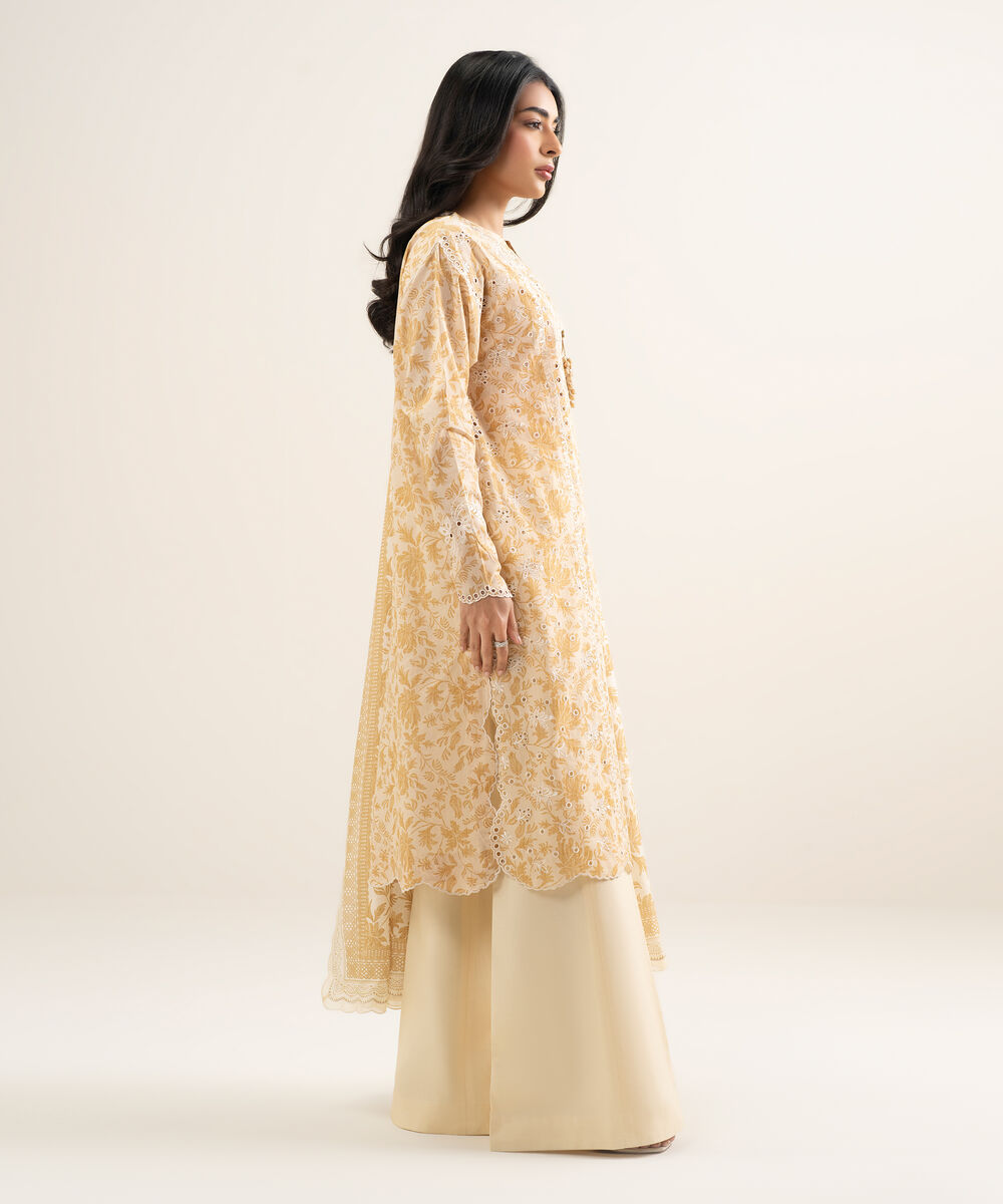 Women's Unstitched Lawn Embroidered Off White 3 Piece Suit