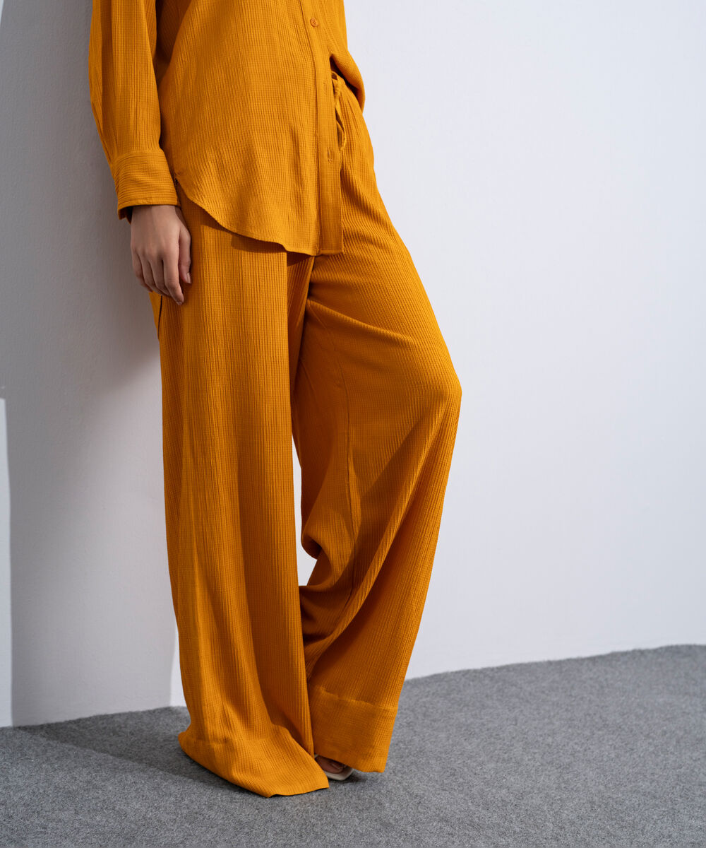 Women's Western Orange Wide-Leg Seersucker Trousers