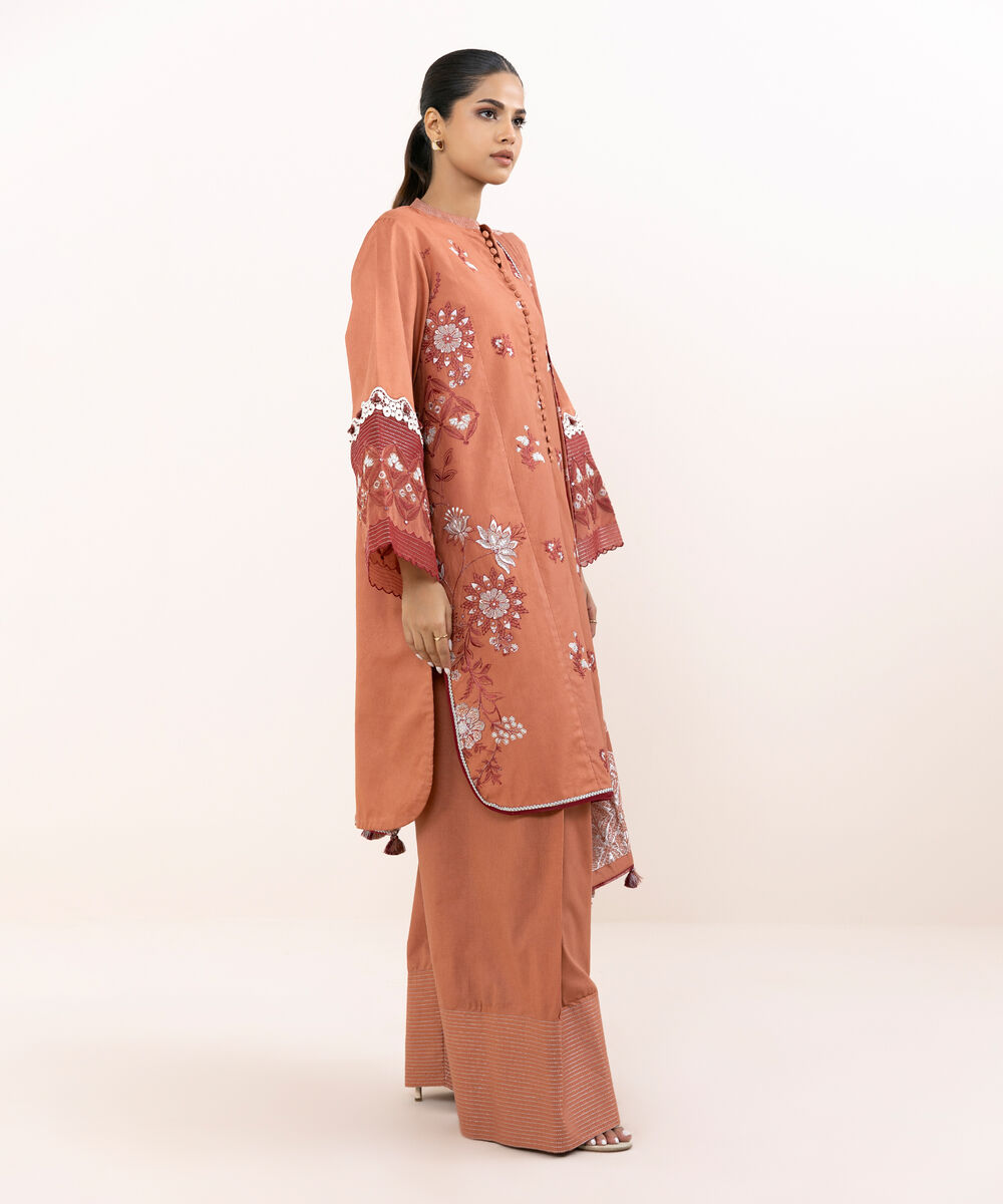 Women's Unstitched Light Cotton Satin Dyed Three Piece Suit