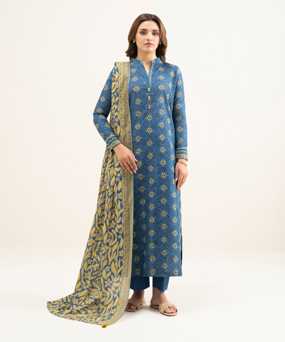 Women's Unstitched Lawn Blue Printed 3 Piece Suit