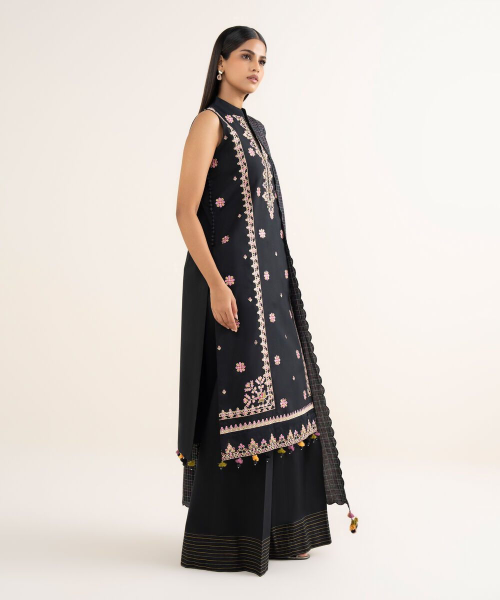 Women's Unstitched Embroidered Cotton Black 3 Piece Suit
