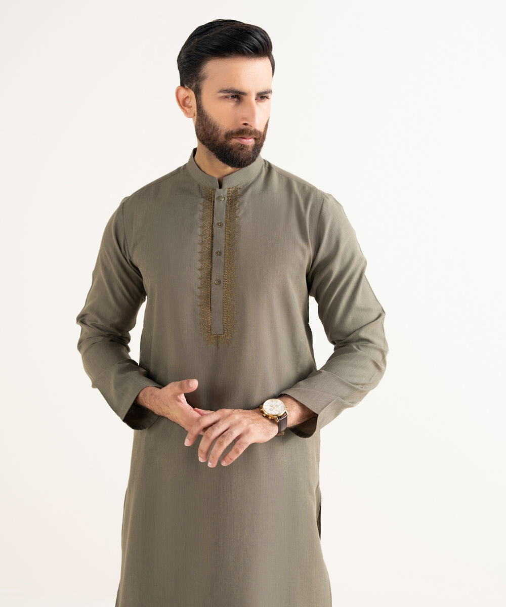 Men's Premium Wash And Wear Embroidered Olive Kurta Shalwar