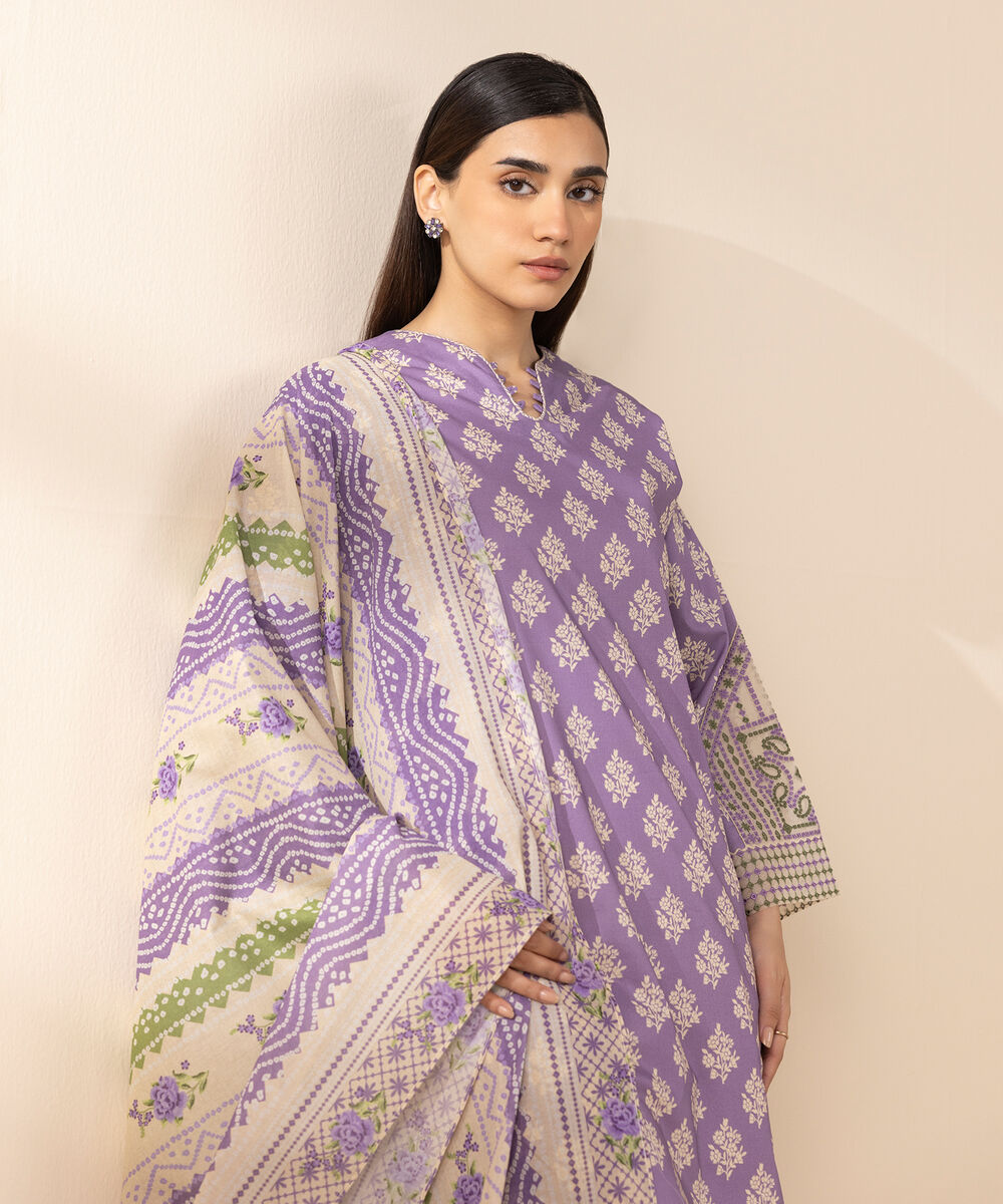 Women's Unstitched Lawn Embroidered Purple 2 Piece Suit