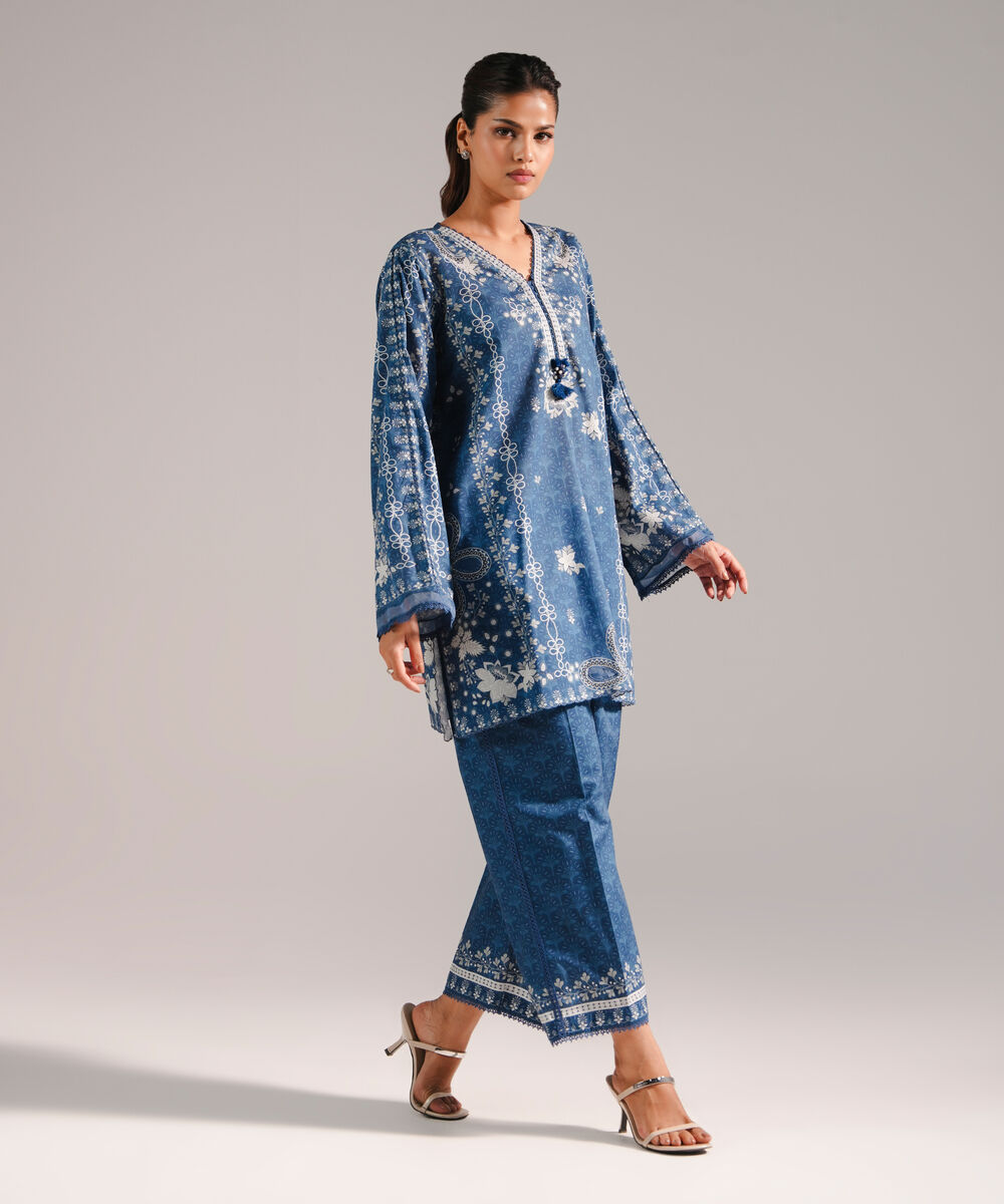 Women's RTW Lawn Printed Dark Blue 2 Piece Suit