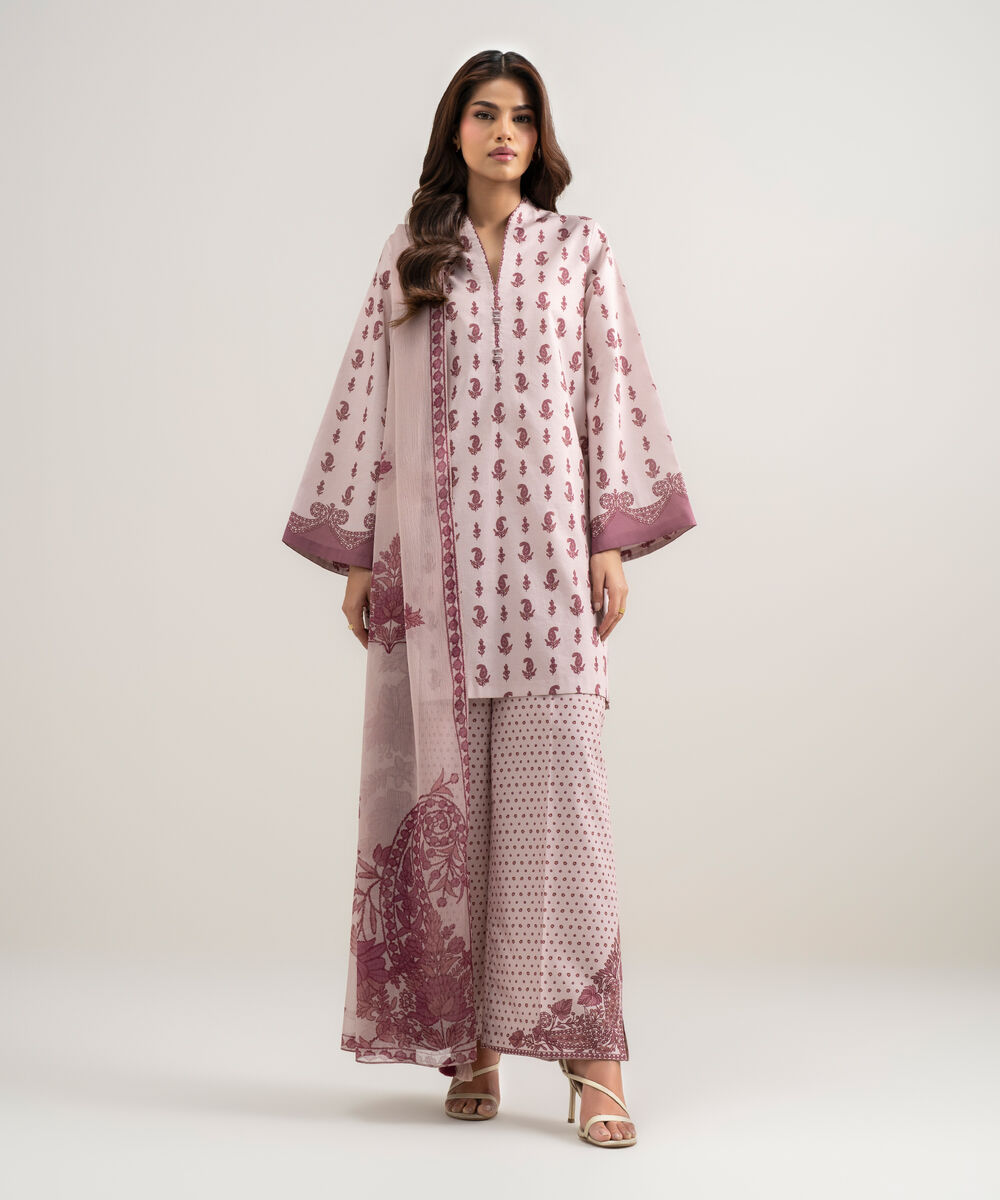 Women's Unstitched Lawn Printed Pink 3 Piece Suit