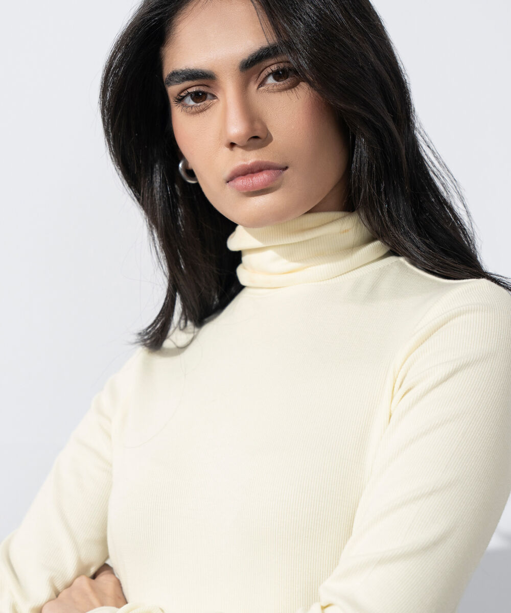 Women's Western Wear White Turtle Neck Ribbed Top