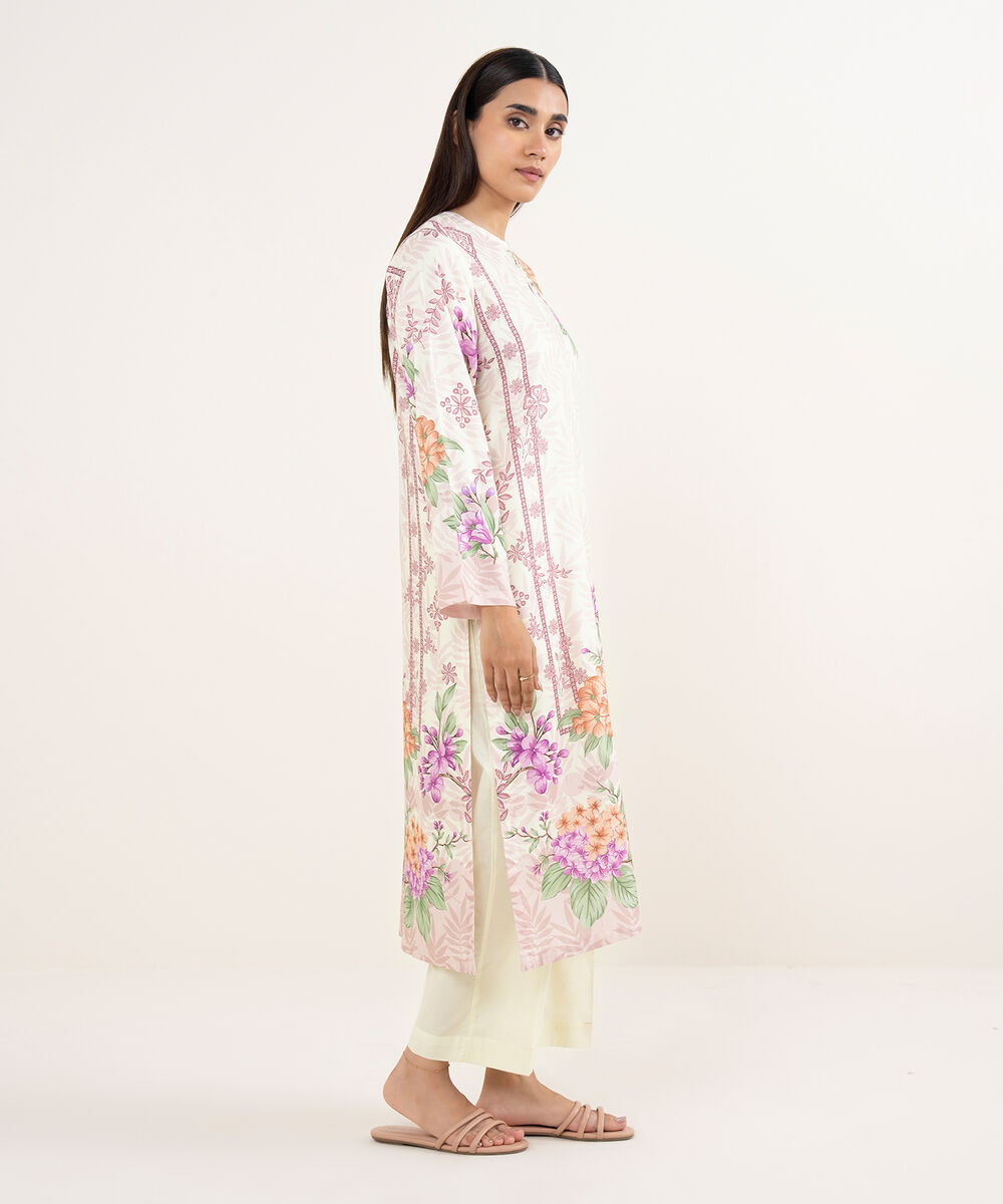 Women's RTW Arabic Lawn Off White Printed Straight Shirt