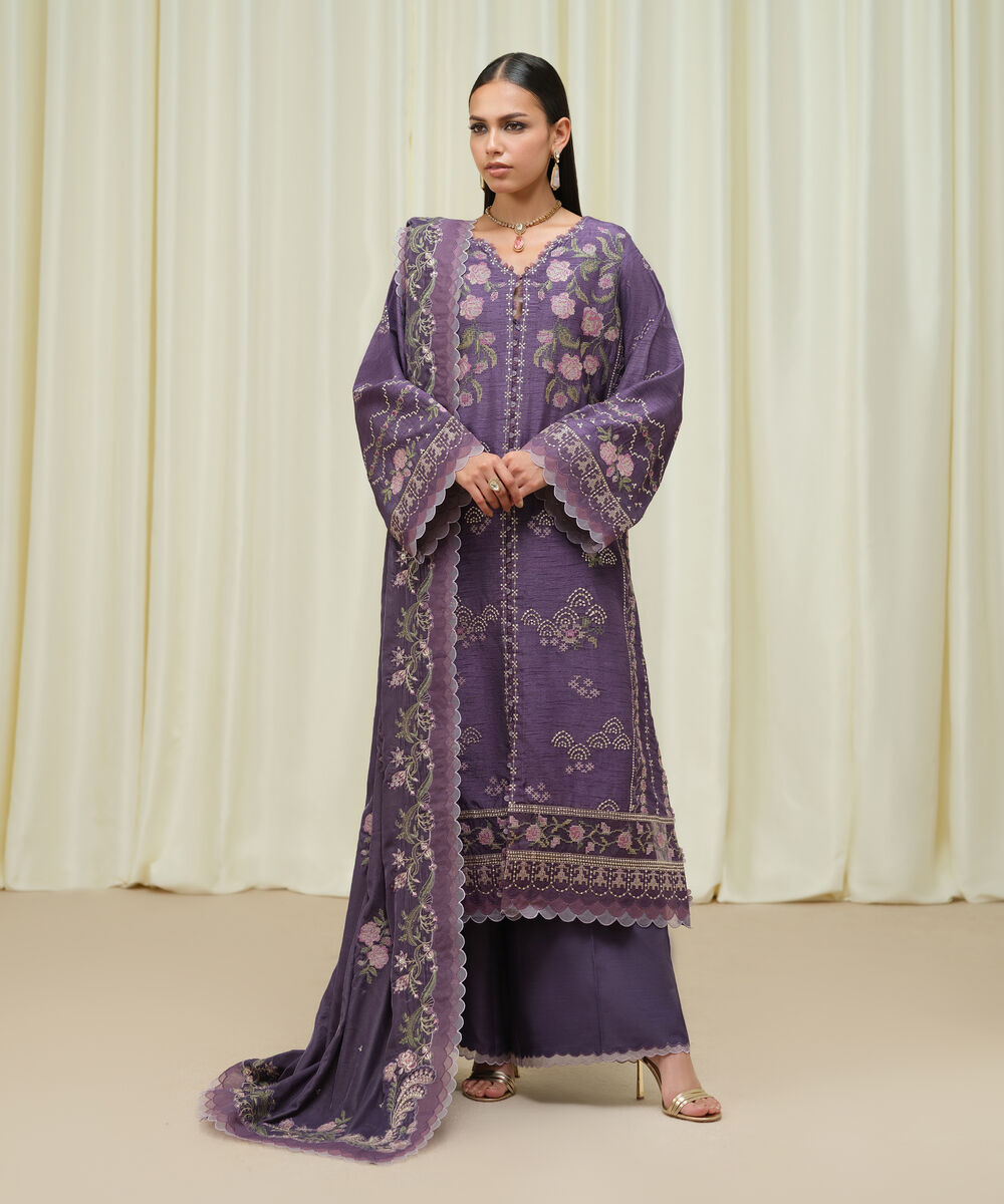 Women's Unstitched Raw Silk Embroidered Purple 3 Piece Suit
