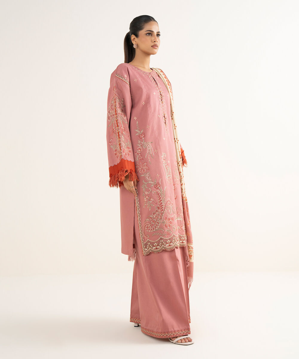 Women's Unstitched Twill Embroidered Pink 3 Piece Suit