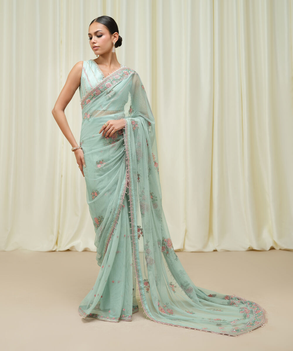 Women's Unstitched Embroidered Net Blue Saree