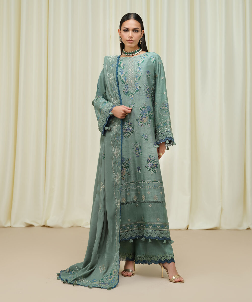 Women's Unstitched Raw Silk Embroidered Blue 3 Piece Suit