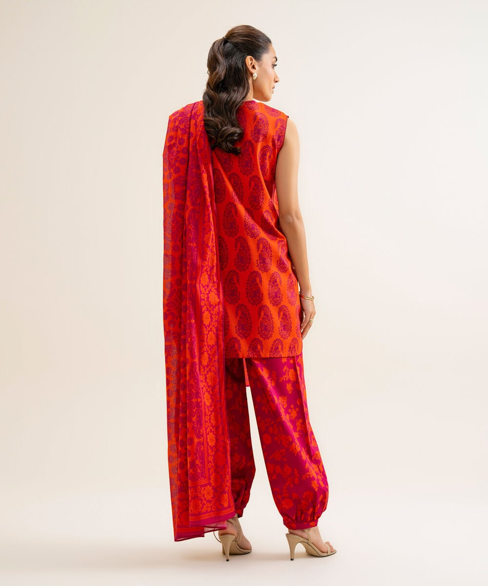 Women's Unstitched Cotton Viscose Printed Orange 3 Piece Suit