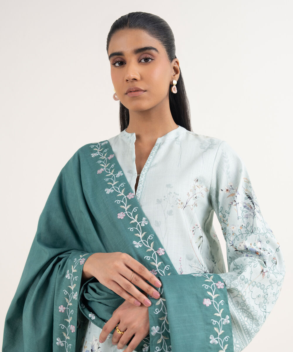 Women's Unstitched Cross Hatch Embroidered Blue 3 Piece Suit