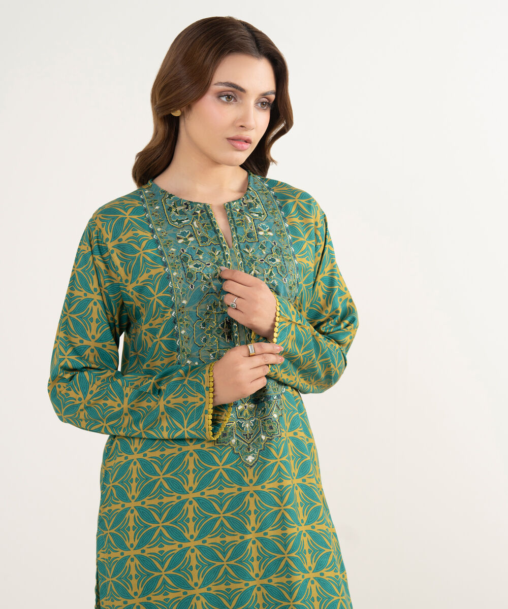 Women's RTW Arabic Cambric Embroidered Olive Green Straight Shirt