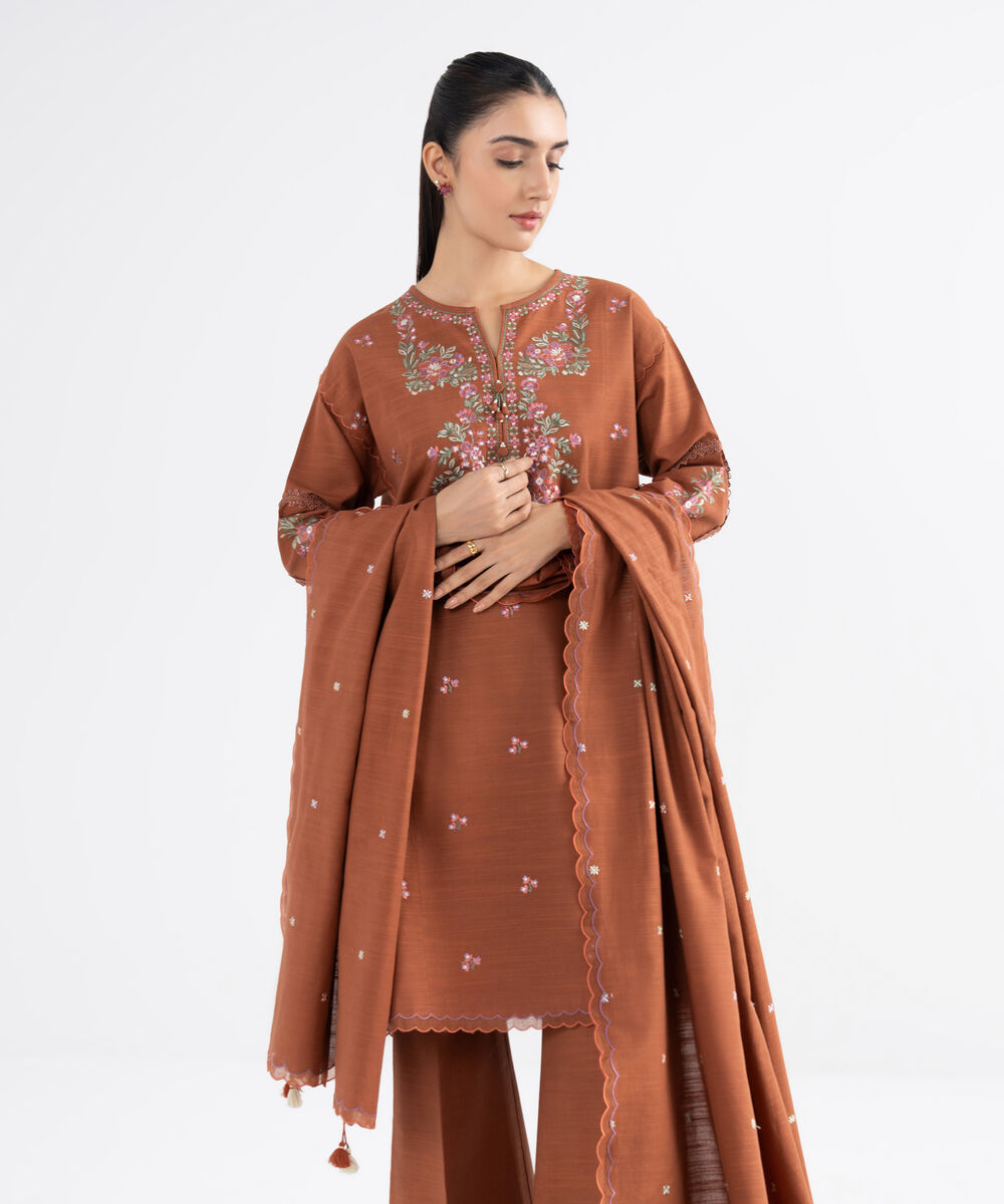 Women's Unstitched Khaddar Embroidered Brown 3 Piece Suit