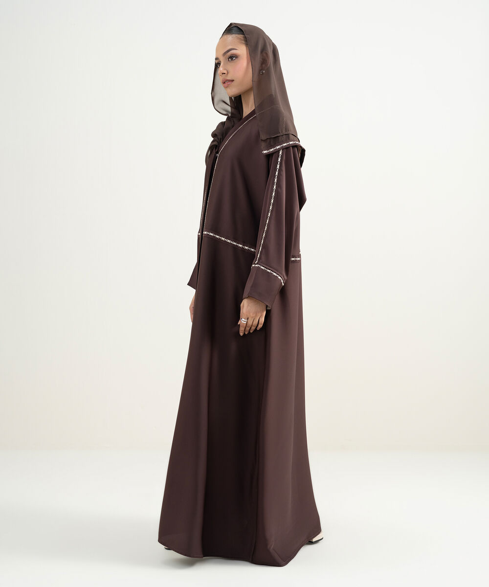 Women's Chocolate Brown Kimono Embroidered Abaya Set
