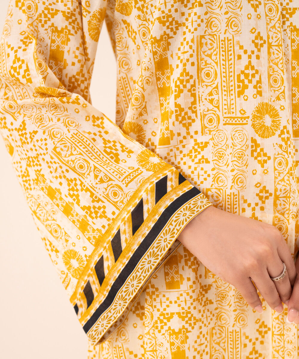 Women's Unstitched Cotton Printed Mustard Three Piece Suit