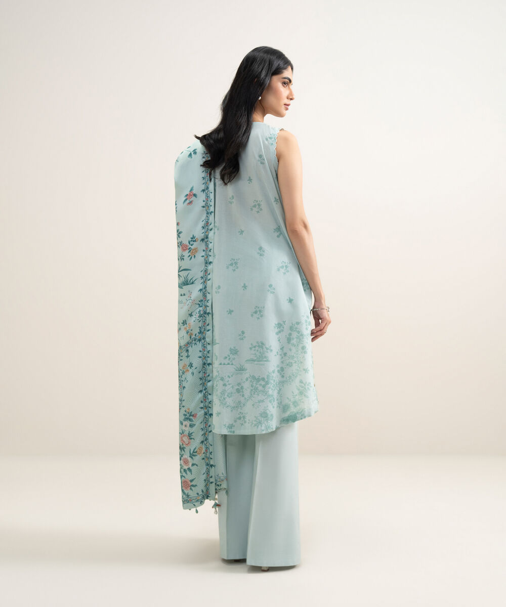 Women's Unstitched Lawn Embroidered Aqua 3 Piece Suit
