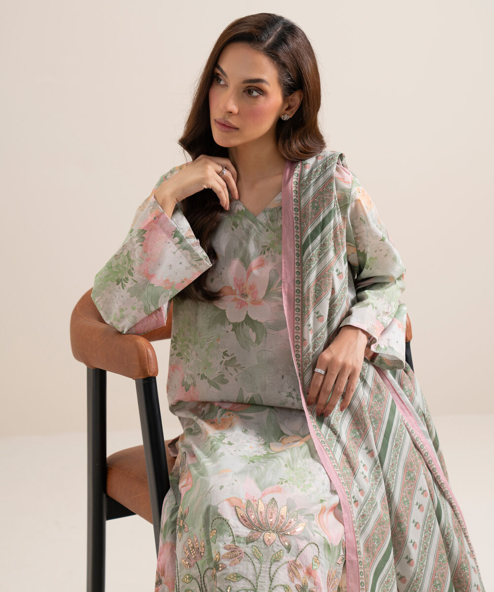 Women's Unstitched Lawn Embroidered Ice Blue With Multi 3 Piece Suit