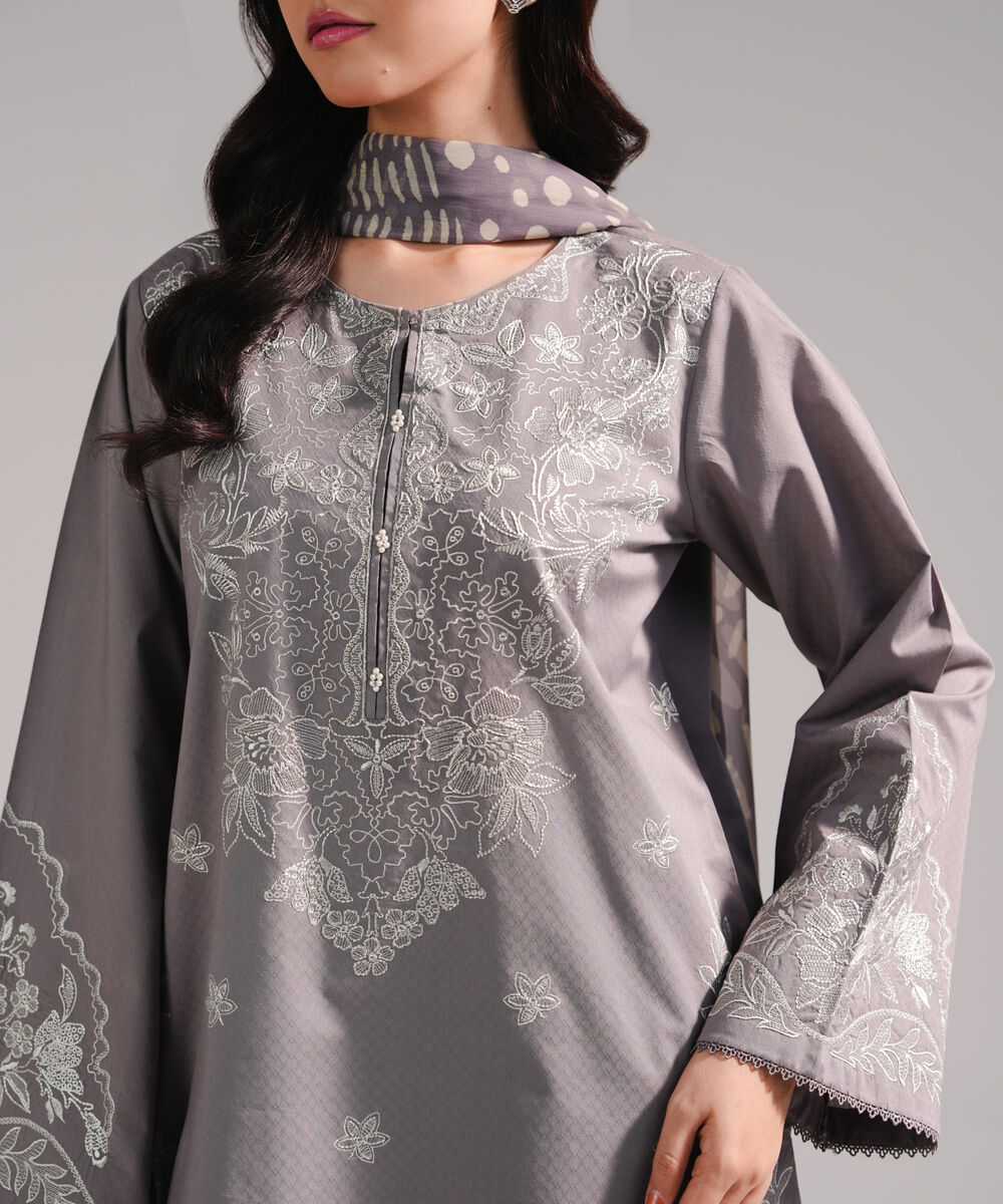 Women's RTW Dobby Embroidered Grey 3 Piece Suit