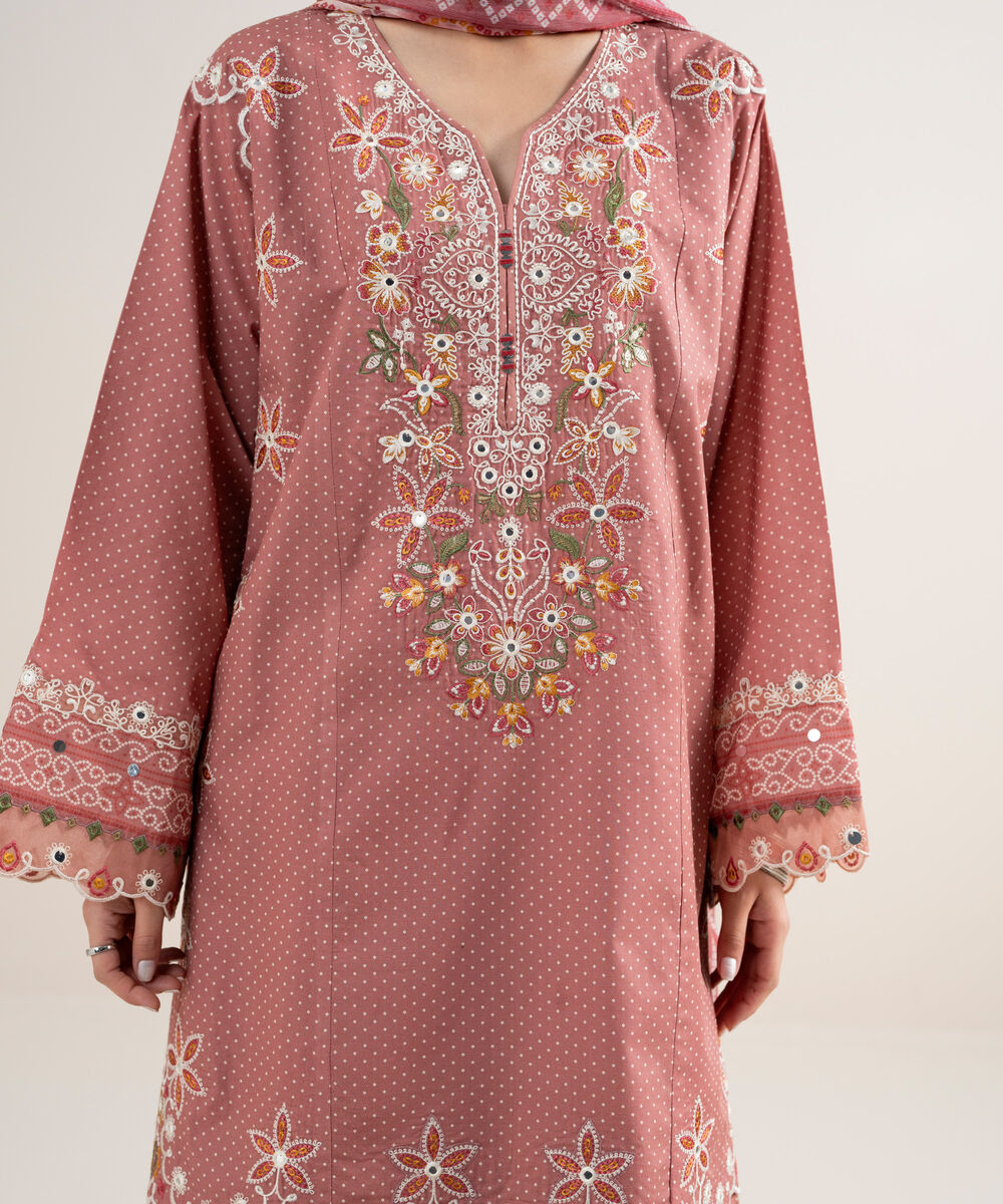 Women's Unstitched Lawn Embroidered Pink 3 Piece Suit