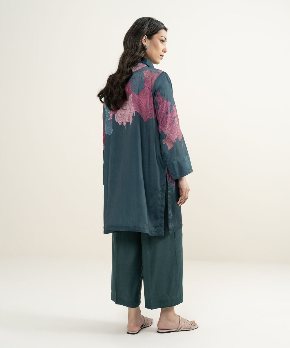 Women's RTW Blended Grip Silk Printed Teal 2 Piece Suit