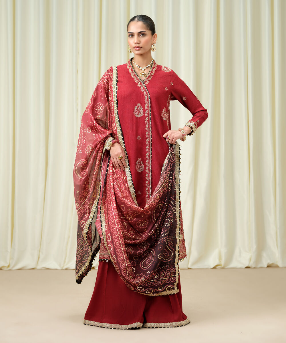 Women's Unstitched Embroidered Viscose Jacquard Red 3 Piece Suit