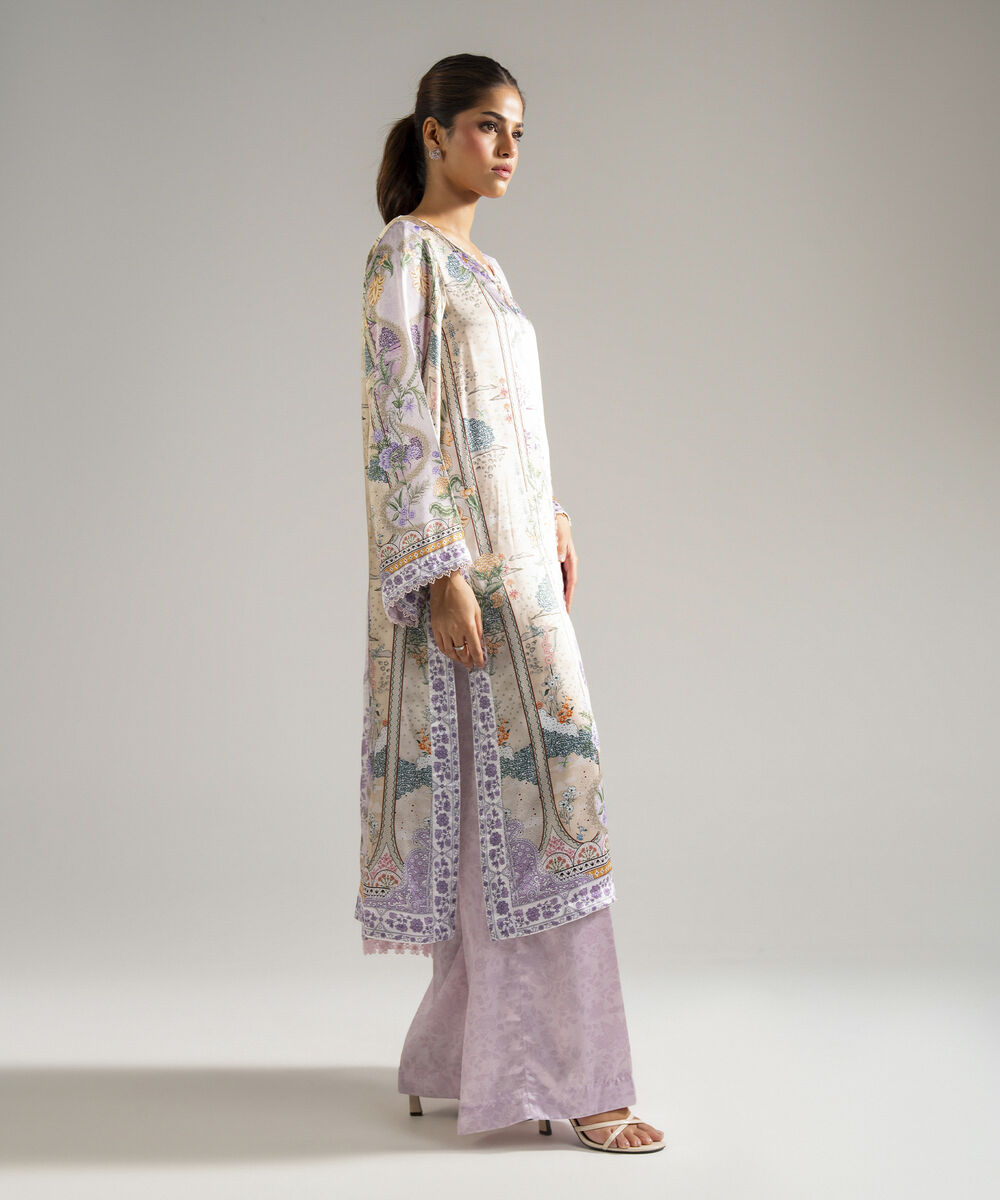 Women's RTW Blended Satin Printed Lilac 3 Piece Suit
