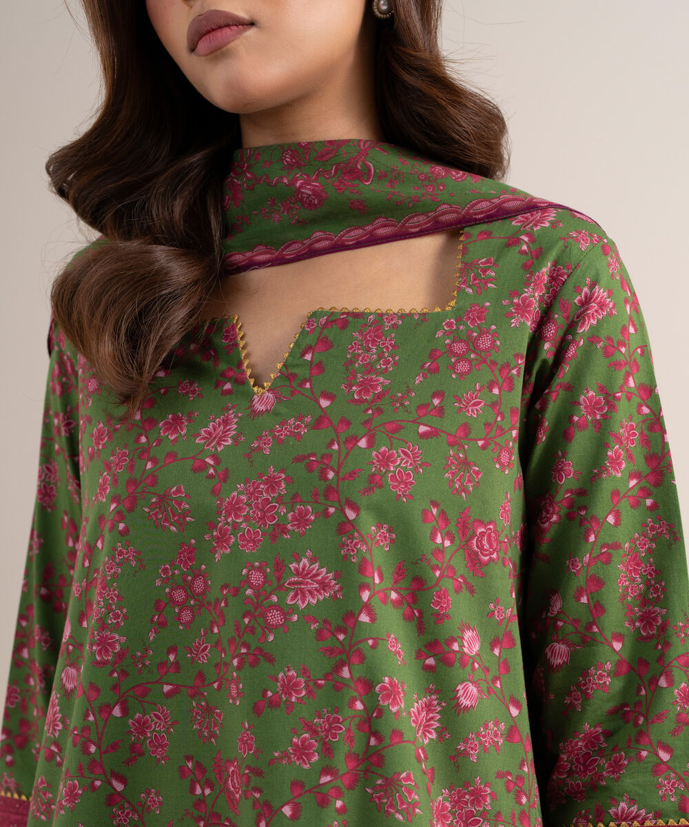 Women's Unstitched Lawn Printed Olive Green 3 Piece Suit