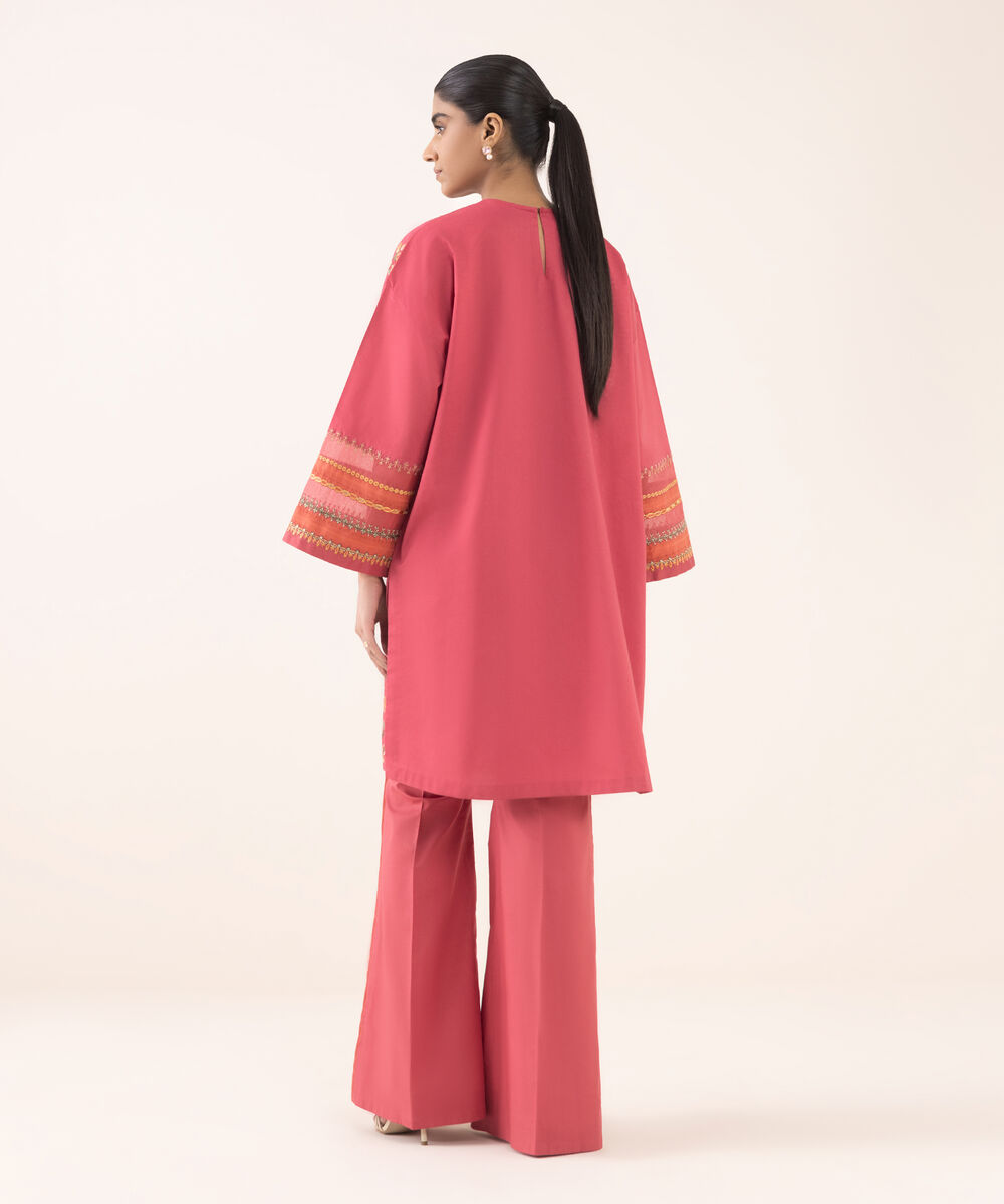 Women's Unstitched Cotton Embroidered Red Two Piece Suit