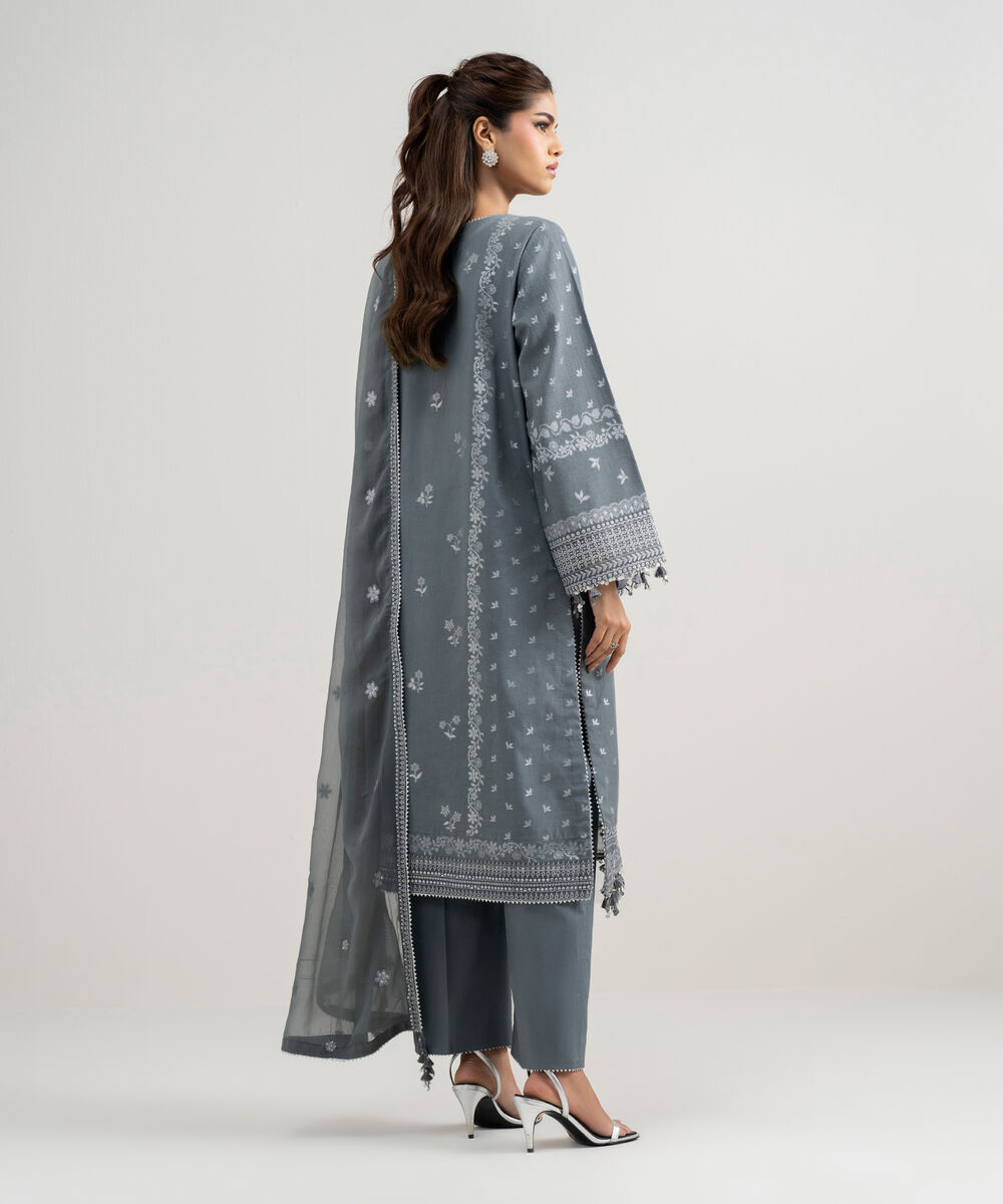 Women's Unstitched Extra Weft Jacquard Embroidered Grey 3 Piece Suit