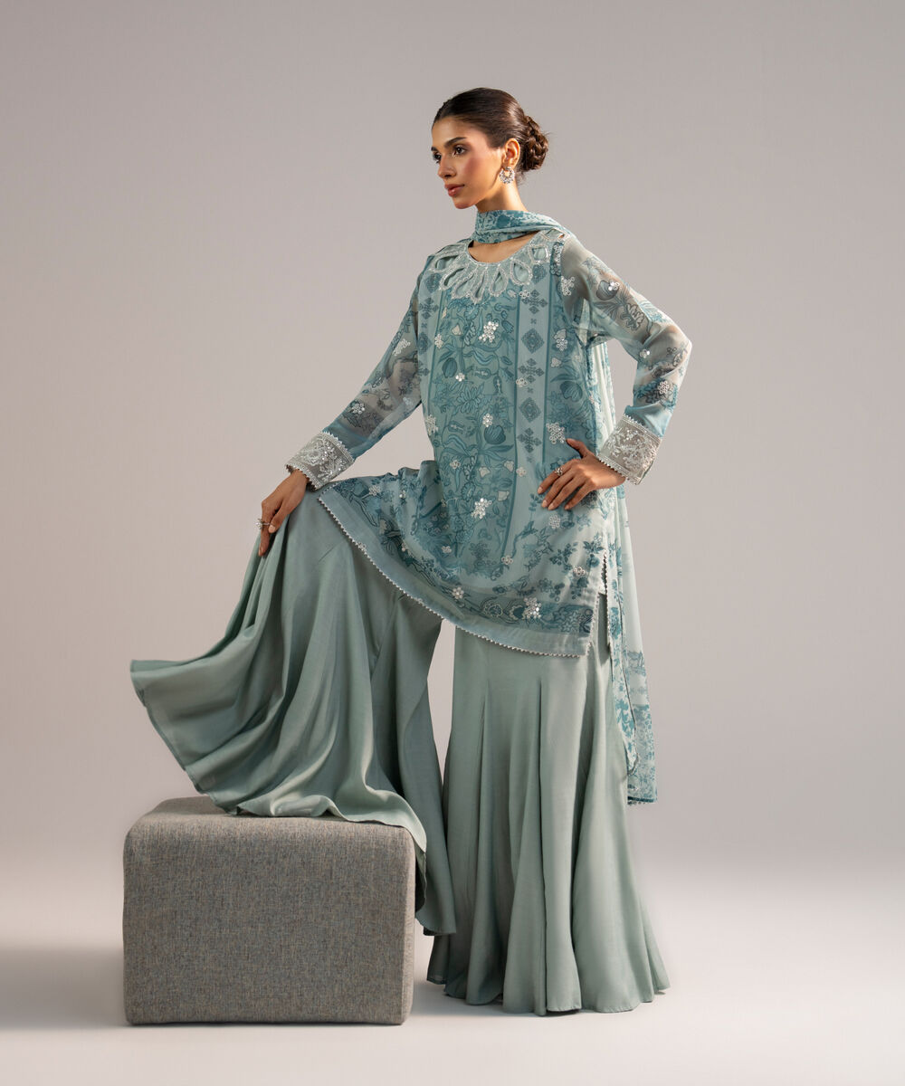 Women's RTW Chiffon Embroidered Blue 3 Piece Suit